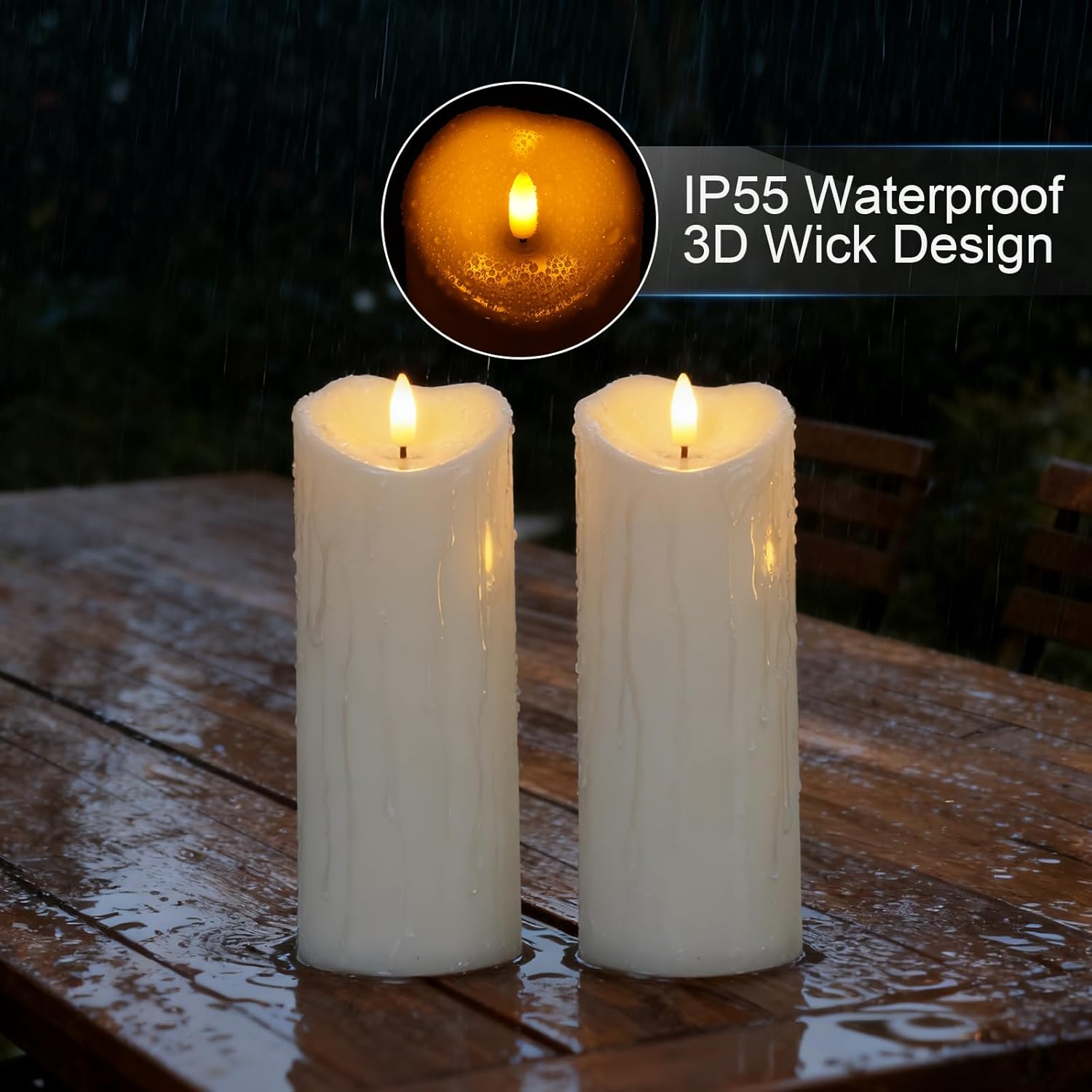 Raycare 8"x3" Outdoor Waterproof Flameless Candles with Remote and Timer, Battery Operated LED Electric Fake Pillar Candle for Christmas Home Wedding Decor, Ivory White, Set of 2