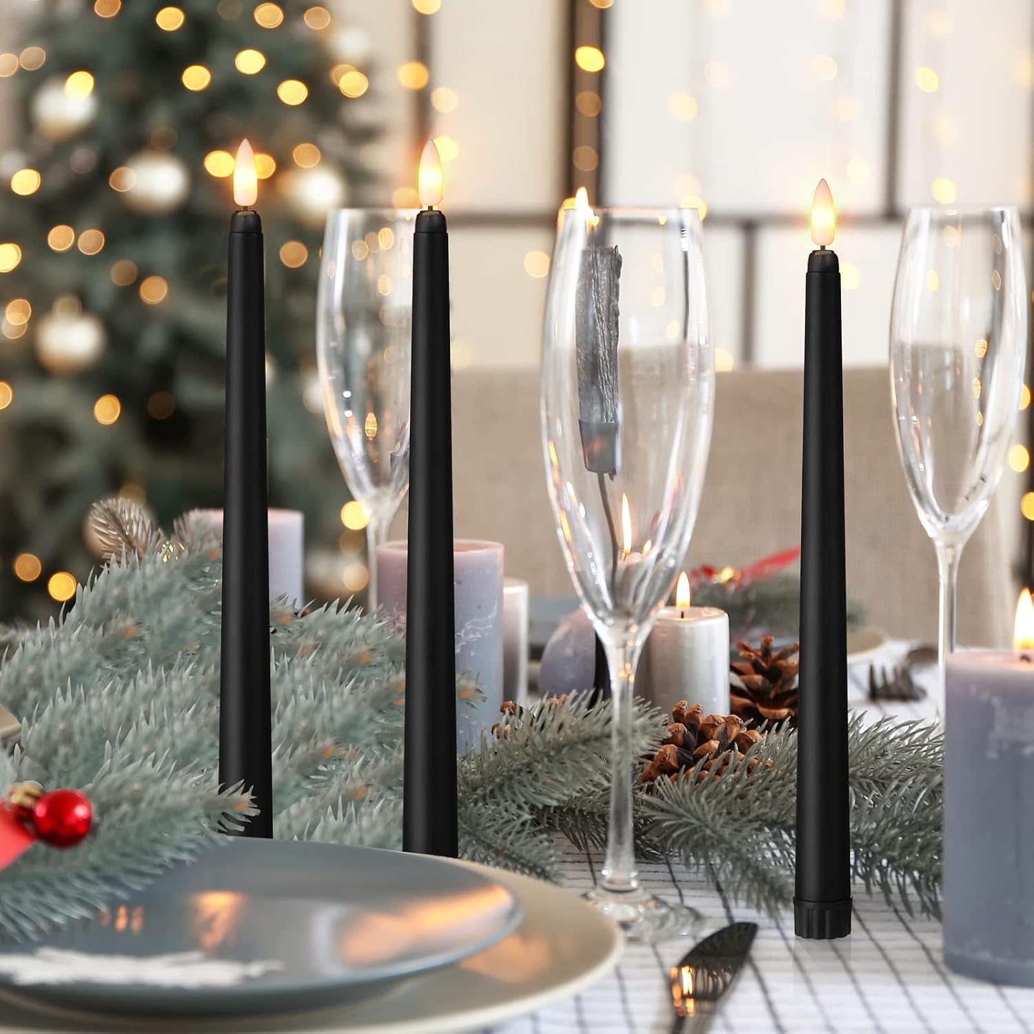 Handepo 48 Pack Flameless Taper Candles Realistic with Yellow Flickering Candlelights Plastic 11 Inch Last Long Battery Operated Window Candlestick for Halloween Christmas(Black)