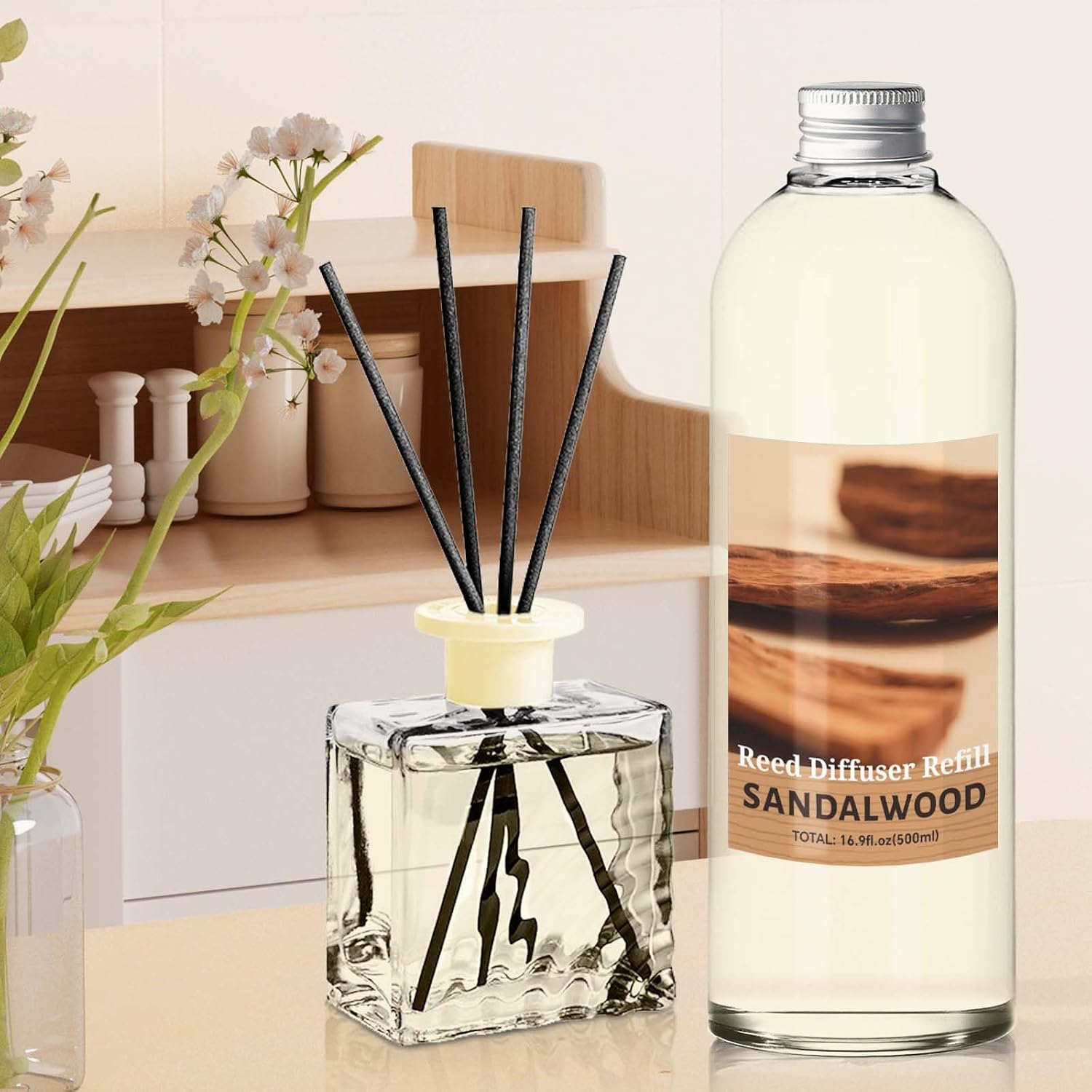 STRN Sandalwood Reed Diffuser Refill 500ml with 6 Natural Reed Sticks, Premium Aromatherapy for Home, Long-Lasting Fragrance for Living Room, Bedroom, Office | Alcohol-Free