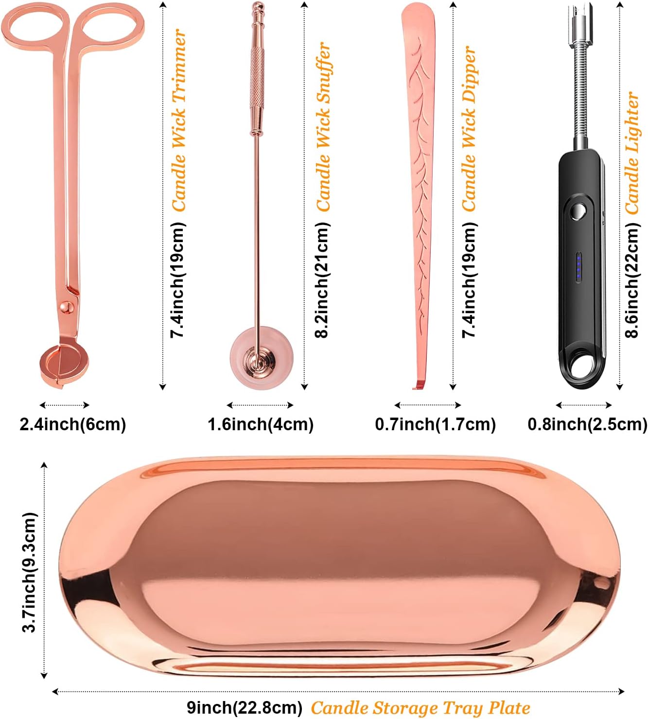 5Pcs Accessory Set with Rechargeable Electric Lighter, Storage Tray, Wick Trimmer, Snuffer, Dipper, Stainless Steel Care Kit Gift Package for Candle Lover Rose Gold