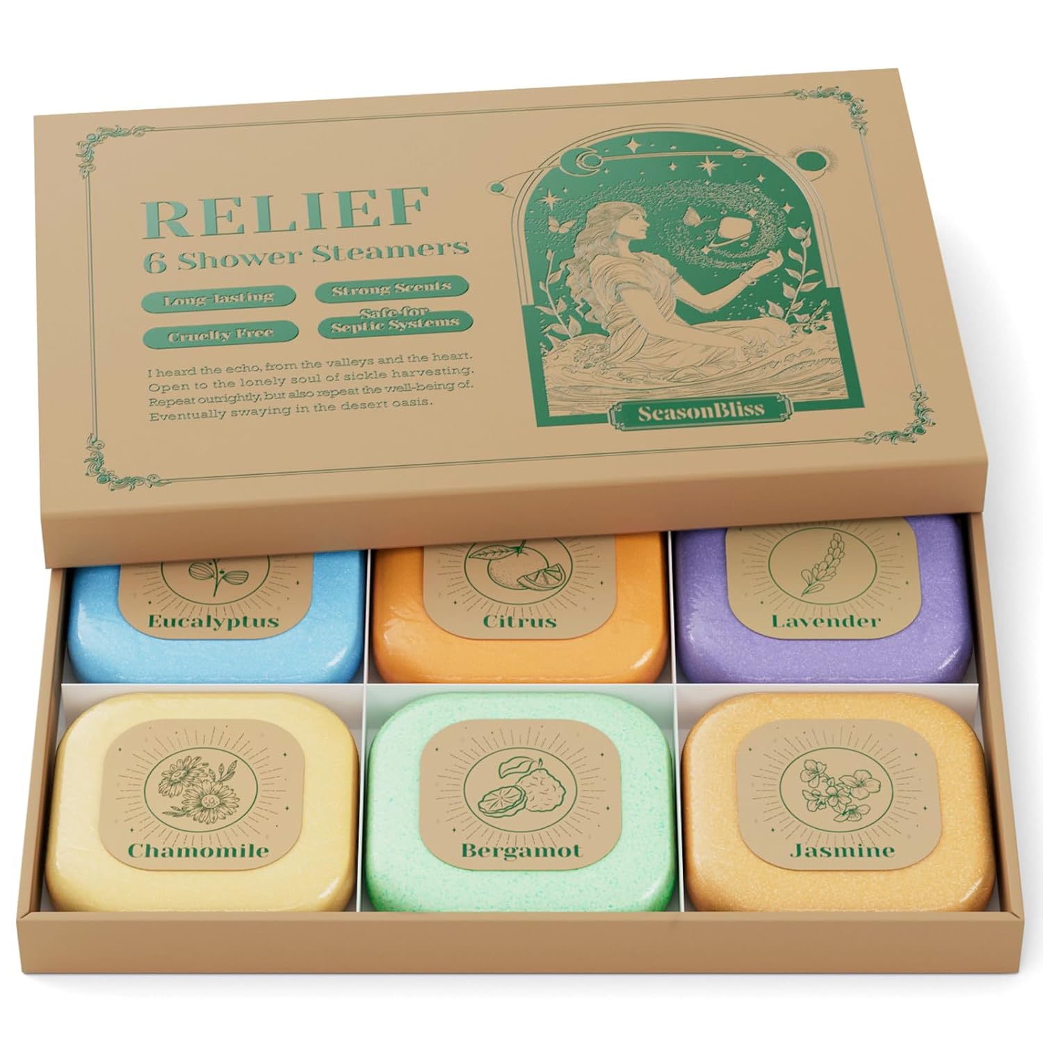 SeasonBliss Shower Steamers, 6 Pack Set Shower Bombs Tablets with Presents Box for Women with 6 Fragrances with Shea Butter for Self-Care & Relaxation, Mother's Day, Christmas