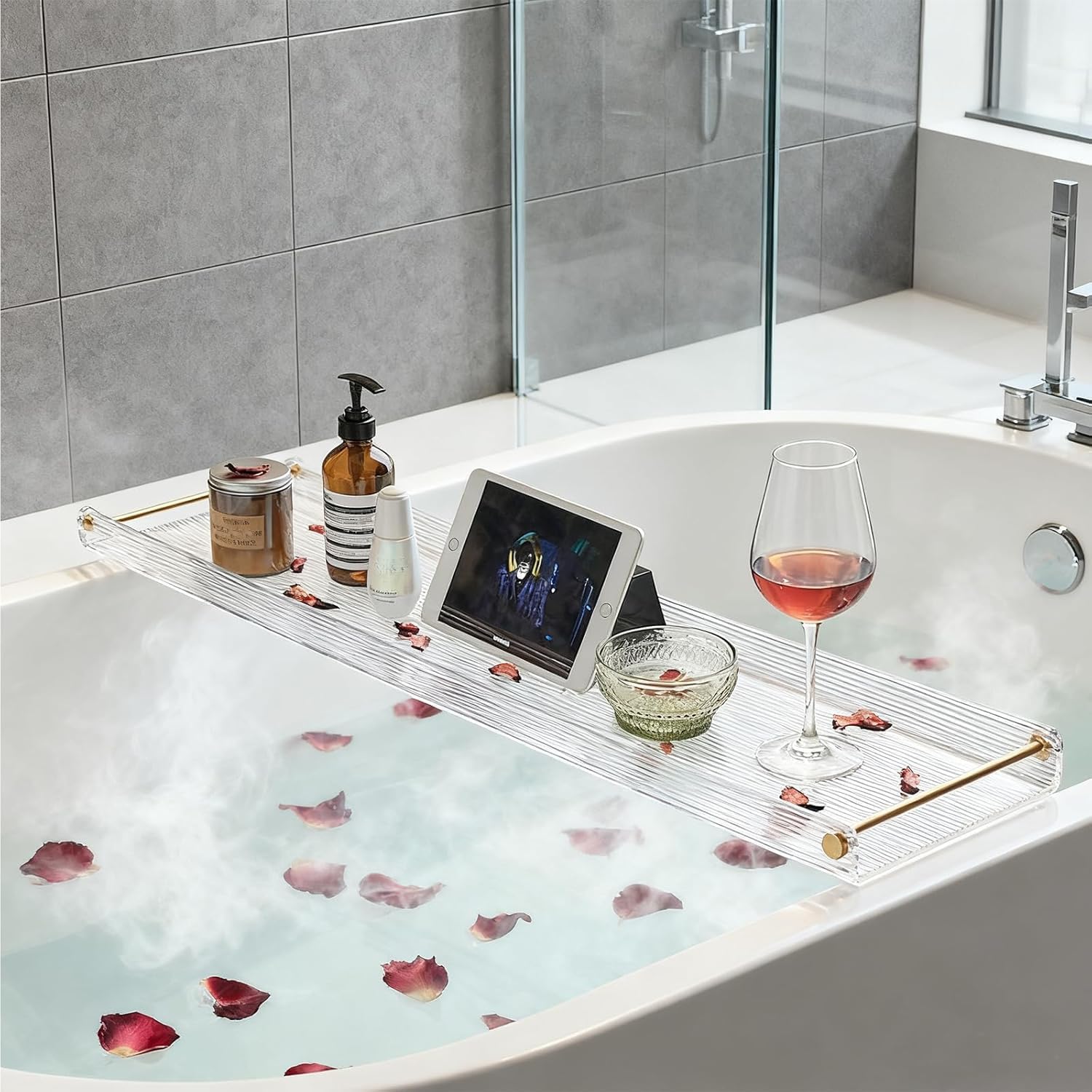 Acrylic Bathtub Tray, NEWRAIN Luxury Bath Caddy Tub Table,Unique House Warming Gifts, New Home, Anniversary and Wedding Gifts for Couple, Bathroom Accessories for Spa or Reading Lite Style