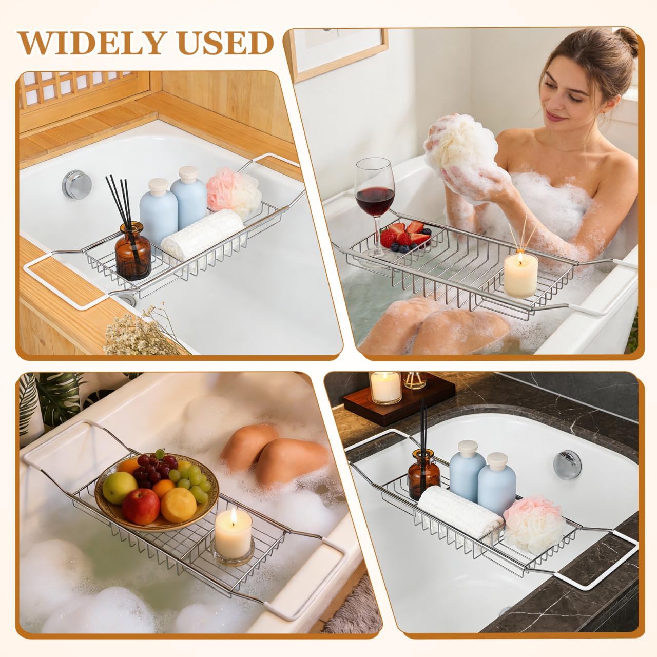 Cabilock Stainless Steel Expandable Bathtub Tray, Chrome Polished Telescopic Bath Tub Shelf, Bathroom Organizer for Soap, Shampoo, Phone and Sundries