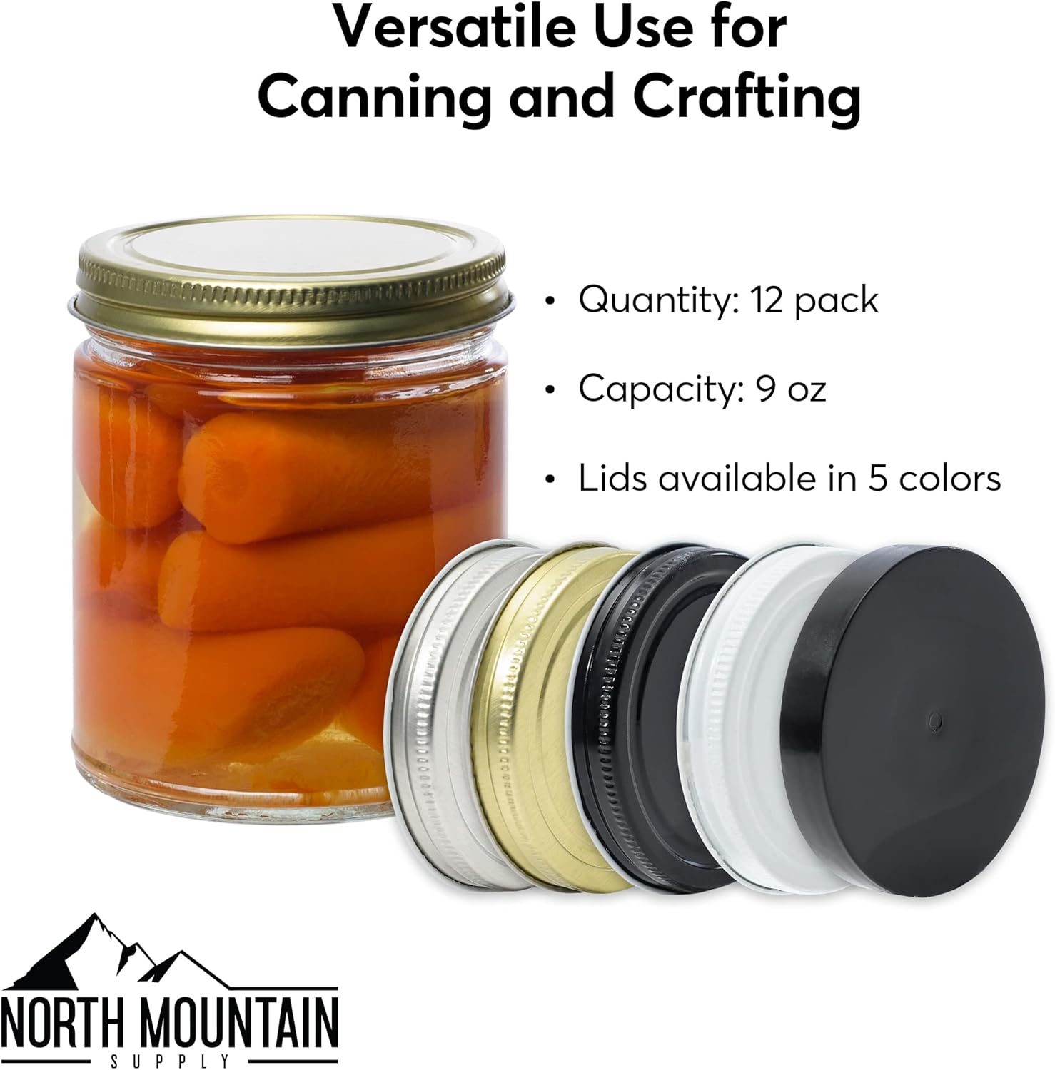 North Mountain Supply 9 Ounce Clear Glass Straight Sided Mason Canning Jars- With 70mm Gold Metal Lids - Case of 12