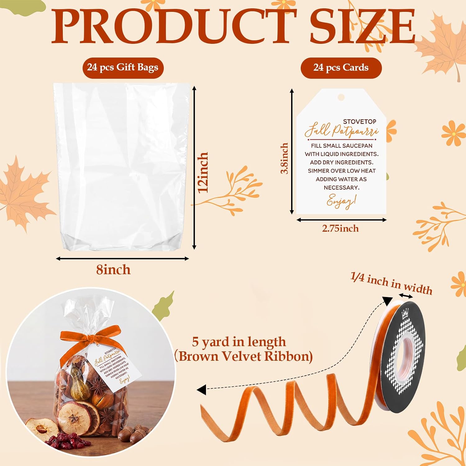 24 Pcs Fall Stovetop Potpourri DIY Kit Empty Sachet Bags 7.9 x 11.8 Inch with Velvet Ribbon Cards Scented Potpourri Bags Autumn Thanksgiving Fall Gift Decoration for Friends Housewarming Hostess