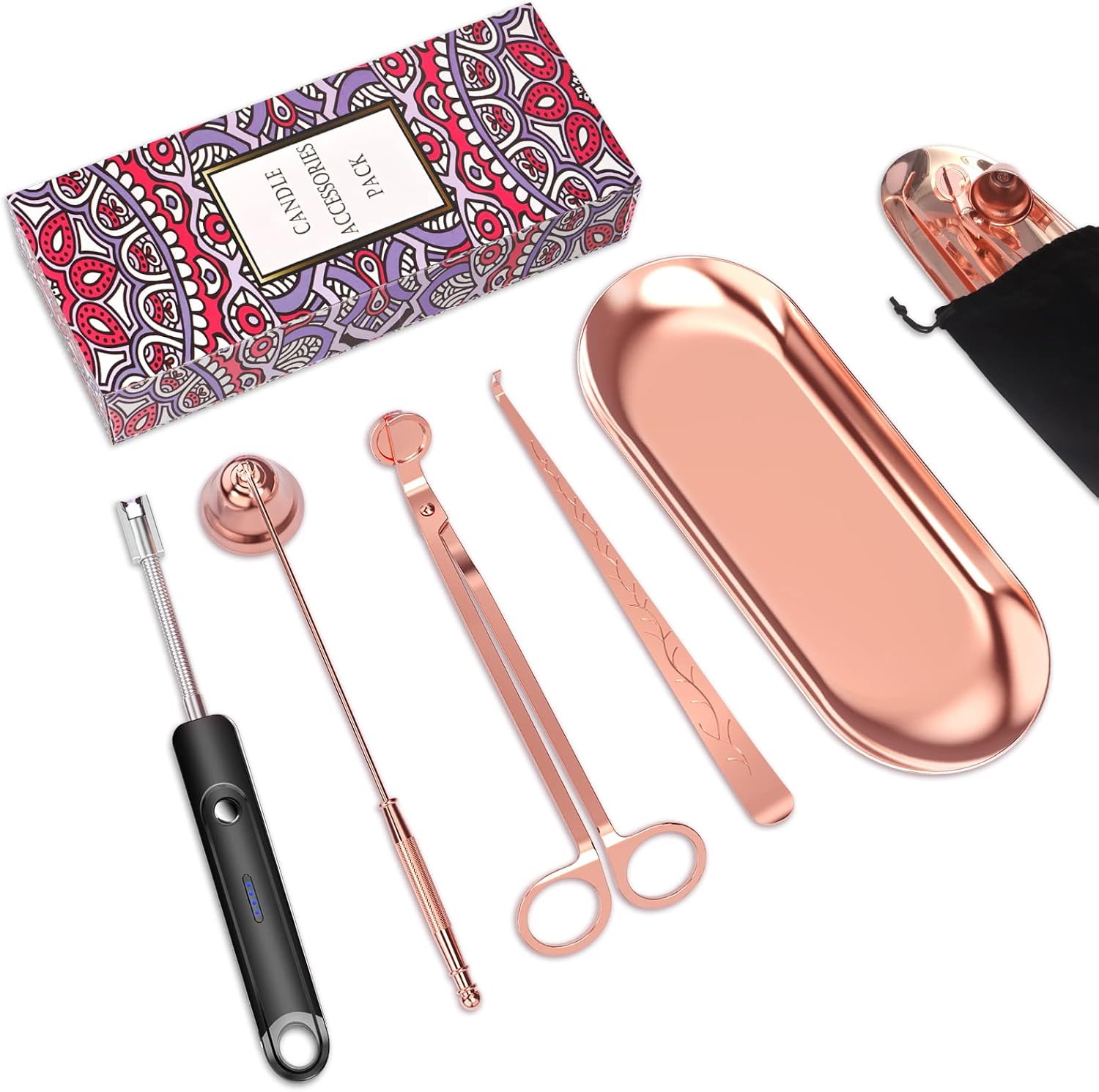 5Pcs Accessory Set with Rechargeable Electric Lighter, Storage Tray, Wick Trimmer, Snuffer, Dipper, Stainless Steel Care Kit Gift Package for Candle Lover Rose Gold