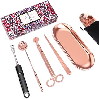 5Pcs Accessory Set with Rechargeable Electric Lighter, Storage Tray, Wick Trimmer, Snuffer, Dipper, Stainless Steel Care Kit Gift Package for Candle Lover Rose Gold