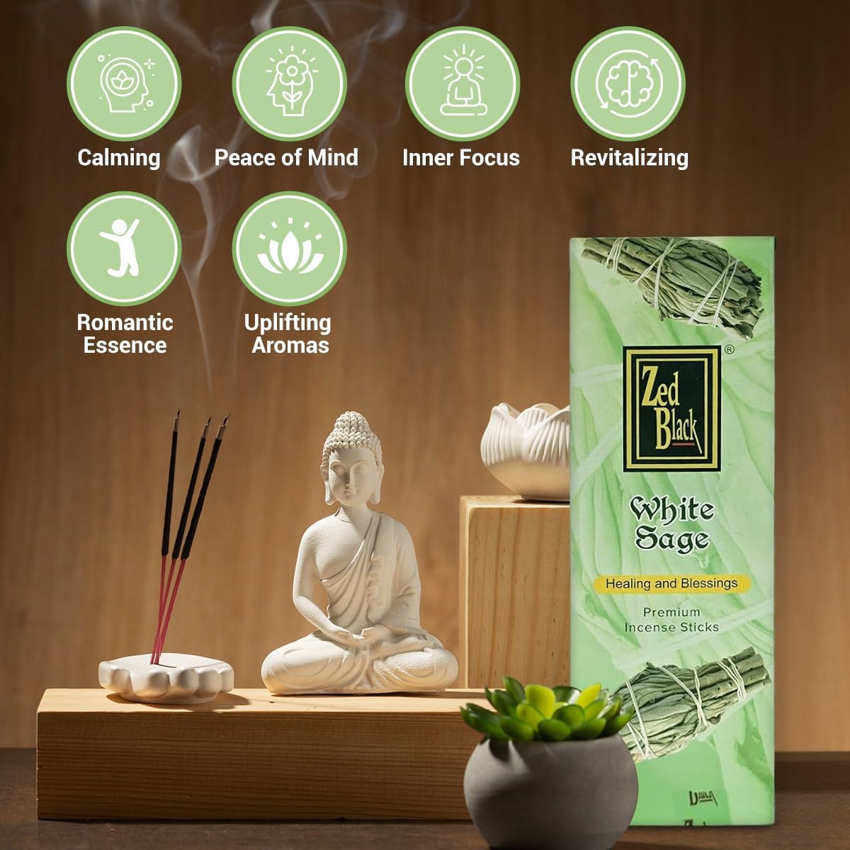 White Sage Incense Sticks - 120 Count | Natural Air Purifying Aromatherapy | Calming and Cleansing Fragrance | Perfect for Meditation, Relaxation, Prayer & Spiritual Rituals I Zed Black