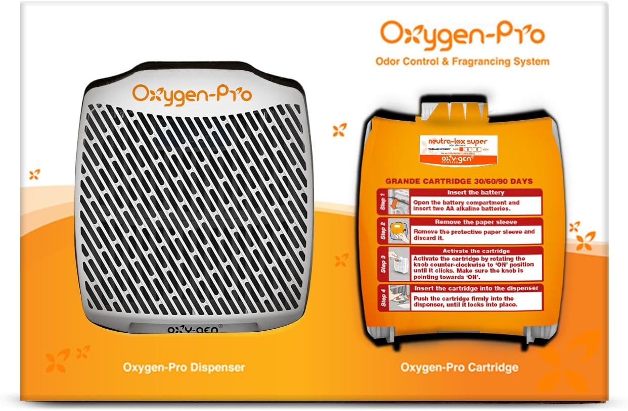Oxygen-Pro - Starter Kit - Commercial Air Freshener and Deodorizer, Wall Mounted, Battery Operated Automatic Dispenser, Odor Eliminator, and Fragrancing System (Subtle kit) 120 Day Supply