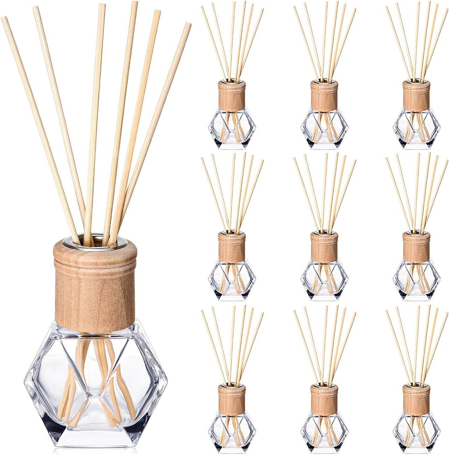 Roshtia 10 Set Reed Diffuser Bottle Empty Refillable Fragrance Glass Diffuser Bottles Set with Wooden Caps Rattan Sticks 50ml 1.7 oz Irregular Glass Jars for DIY Fragrance