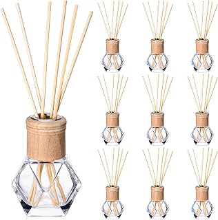 Roshtia 10 Set Reed Diffuser Bottle Empty Refillable Fragrance Glass Diffuser Bottles Set with Wooden Caps Rattan Sticks 50ml 1.7 oz Irregular Glass Jars for DIY Fragrance