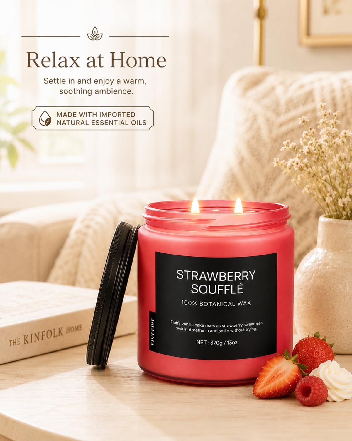 Strawberry Soufflé Home Scented Candles, 13oz Organic Soy Wax, 76-Hour Clean Burning, Natural Non-Toxic, Sweet & Fruity Gourmand Scent for Relaxation, Aromatherapy Housewarming Candle Men Women