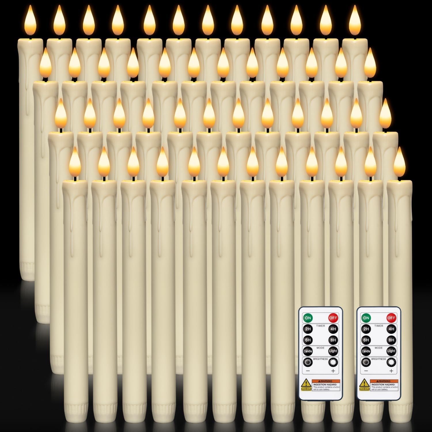 Homemory 48 Pcs Plastic Flameless Taper Candles with Remote Timer Dimmer, Taper Candles Battery Operated with Flickering Light, Ivory Led Candlesticks for Wedding Party Holiday Decoration 9.6 Inches