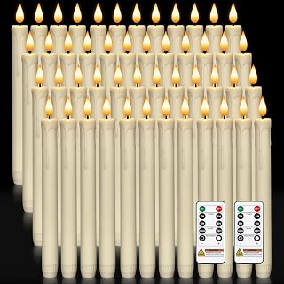 Homemory 48 Pcs Plastic Flameless Taper Candles with Remote Timer Dimmer, Taper Candles Battery Operated with Flickering Light, Ivory Led Candlesticks for Wedding Party Holiday Decoration 9.6 Inches