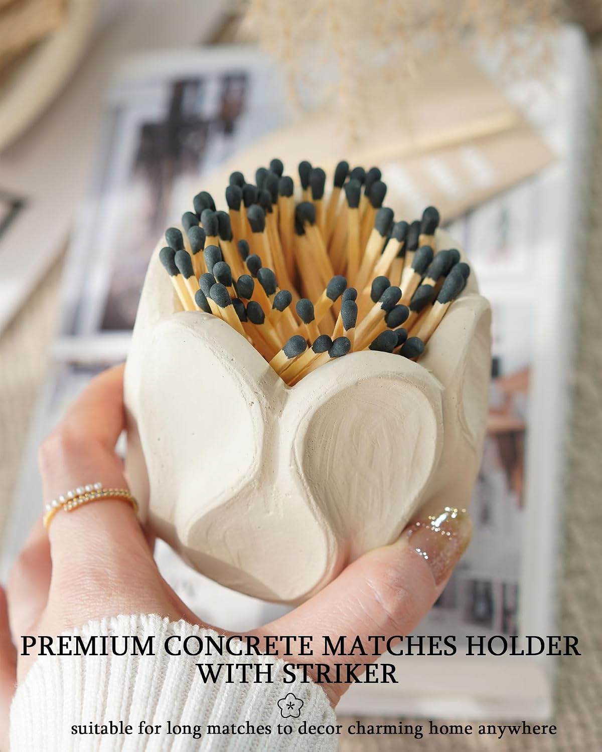 Concrete Matches Holder with Striker Large-Beautiful Flower Match in Jar-for Cute/Fancy/Long Candle Match,Refresh Any Modern Home Decor with Premium Jar-No Matches