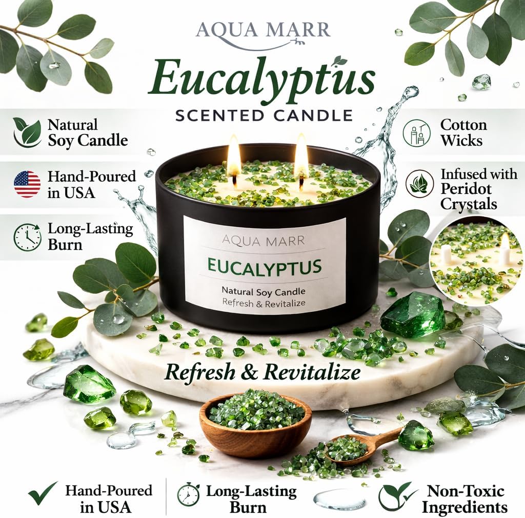 Eucalyptus Soy Candle – 8 oz Aromatherapy Spa, Fresh Eucalyptus Scent, Clean Burning Hand-Poured Candle for Relaxation, Home & Bathroom Décor – Aqua MARR