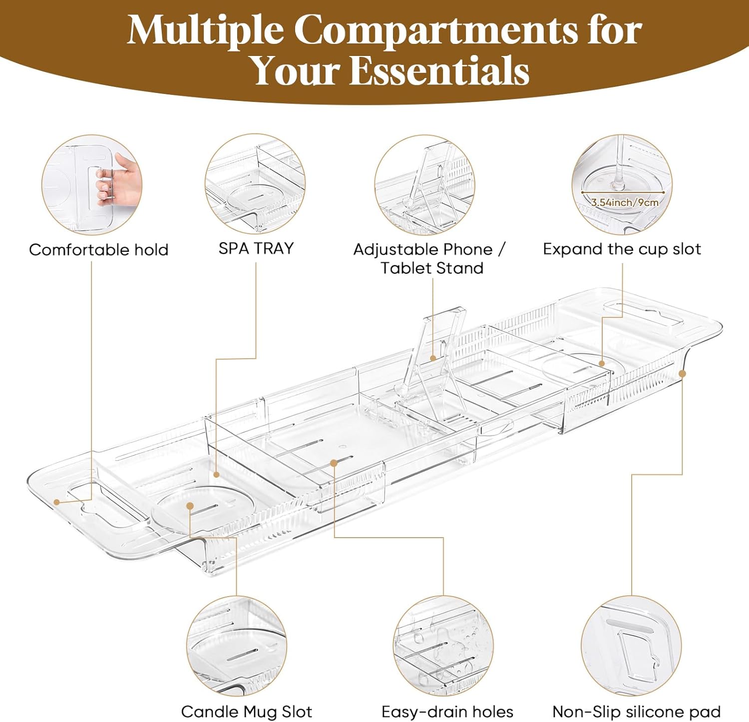 Expandable Clear Acrylic Bathtub Tray Caddy, Foldable Tub Bath Tray with Drain Slots, Slip-Resistant Waterproof Bathroom Shelf Caddy & Home Spa Gift for Women