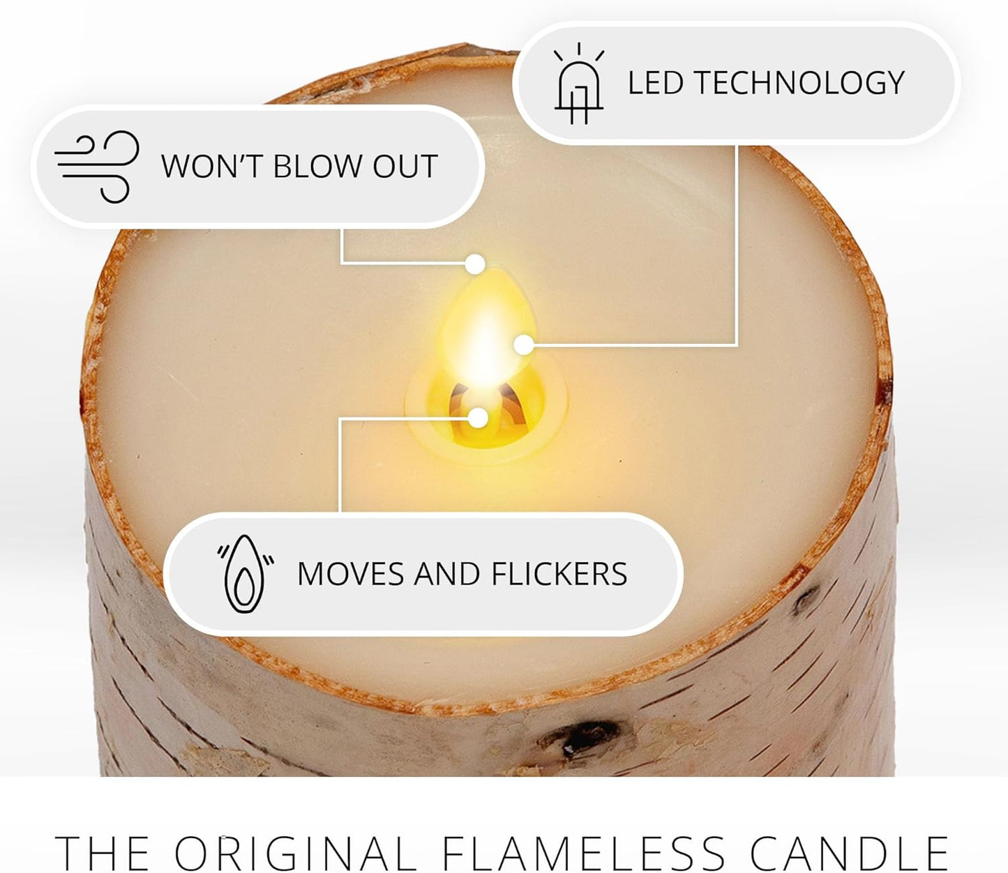 Luminara Real Birch Bark Wrapped Flameless LED Candle, 3.5" x 6.5", Battery Operated Moving Flame Pillar Light with Timer - Natural Decor Unscented