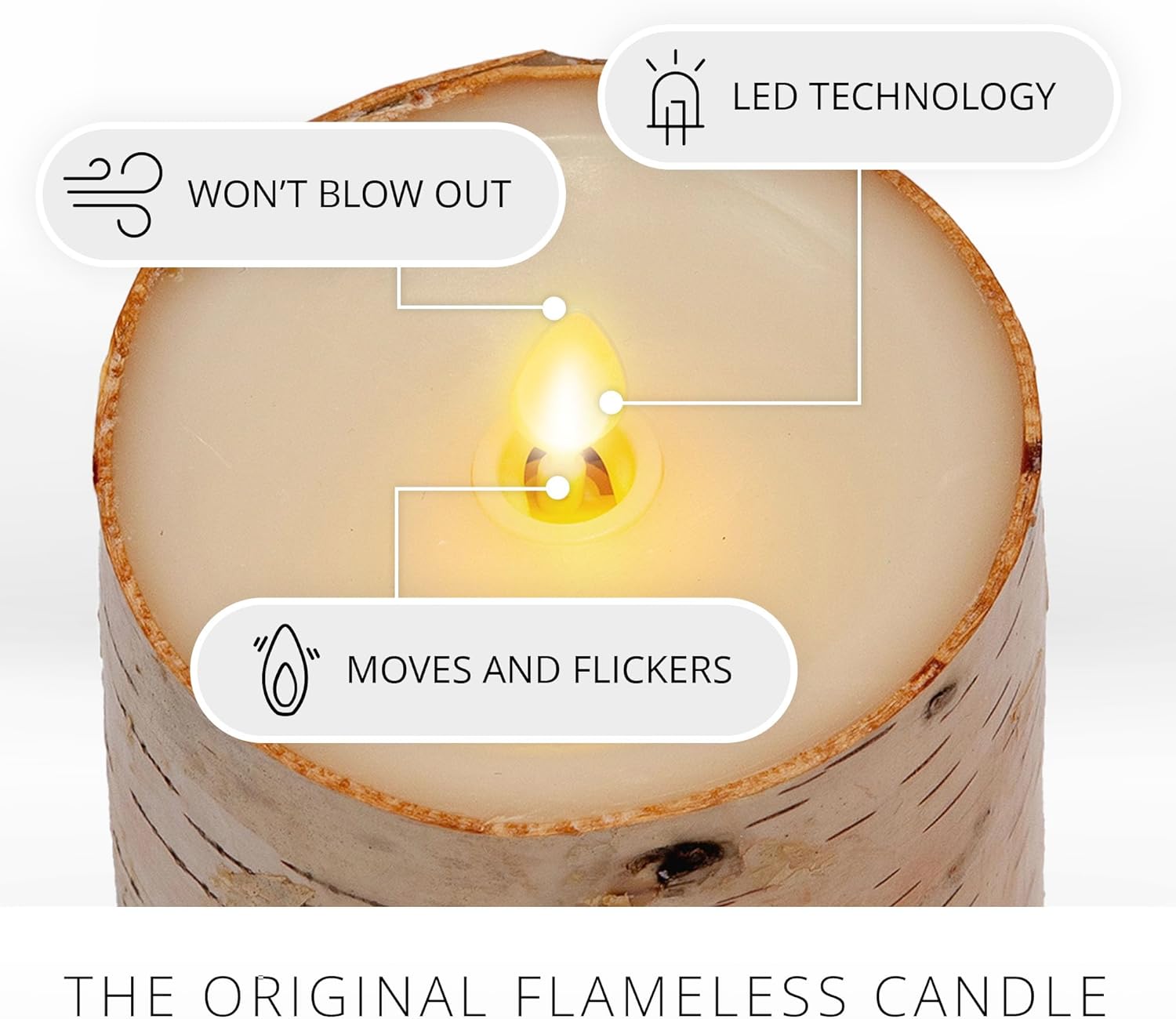 Luminara Real Birch Bark Wrapped Flameless LED Candle, 3.5" x 6.5", Battery Operated Moving Flame Pillar Light with Timer - Natural Decor Unscented