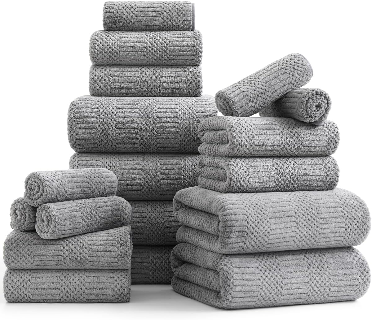 18 Pcs Gray Woven Family Towels Set-6 Bath Sheets,6 Hand Towels,6 Washcloths Soft Microfiber Towels Absorbent Shower Towel Quick Dry Beach Chair Towel Lint Less Towels Set for Bathroom Spa Gym Hotel