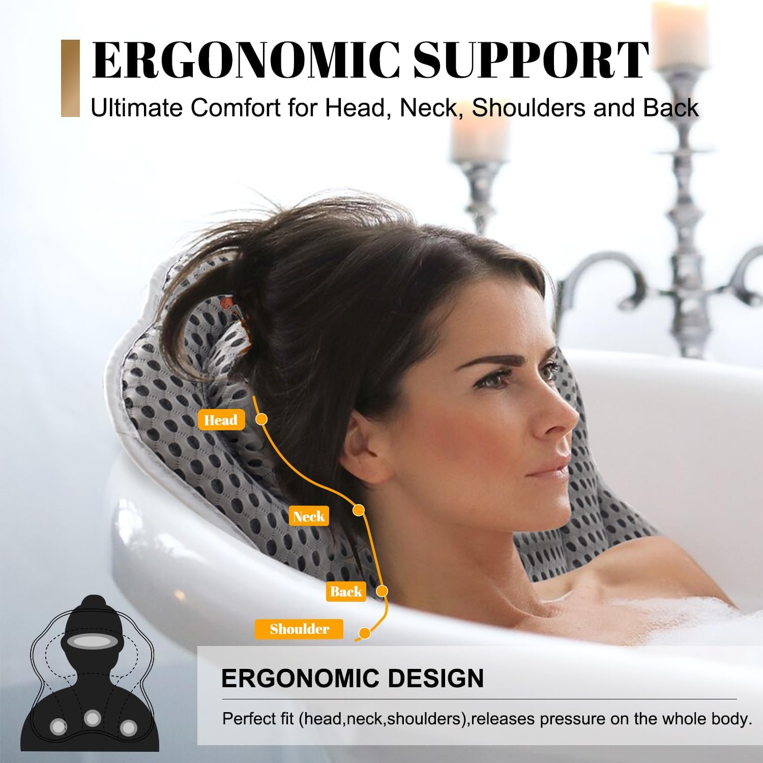 Bath Pillow Bathtub Pillow, 4D Bath Pillows for Tub Neck and Back Support, Luxury Spa Bath Tub Pillow Fit Hot Tub, Bathtub, Relaxing Bath Accessories Spa Gifts for Women Adults