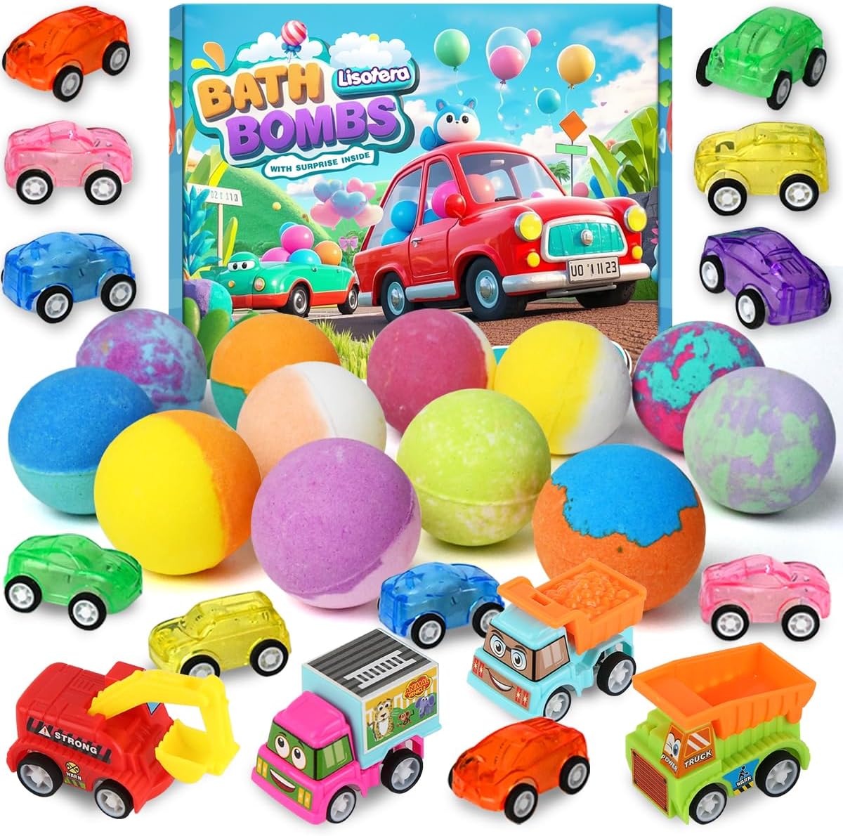 Bath Bombs for Kids with Toys Inside, Kids Bath Bombs for Boys Girls, 9-Piece Bathbombs Set Includes 9 Pull-Back Cars and 3 Vehicles, Halloween Christmas Birthday Gift Set for Children