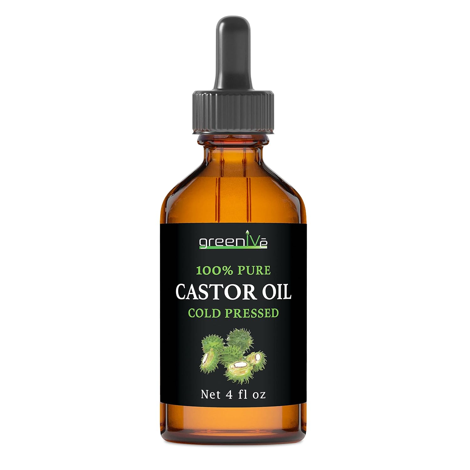 GreenIVe 100% Pure Castor Oil – Cold-Pressed, Hexane-Free – Hair, Eyebrows, Eyelashes, Skin Moisturizer, Castor Pack Wrap Oil Glass Bottle (4 Fl oz)