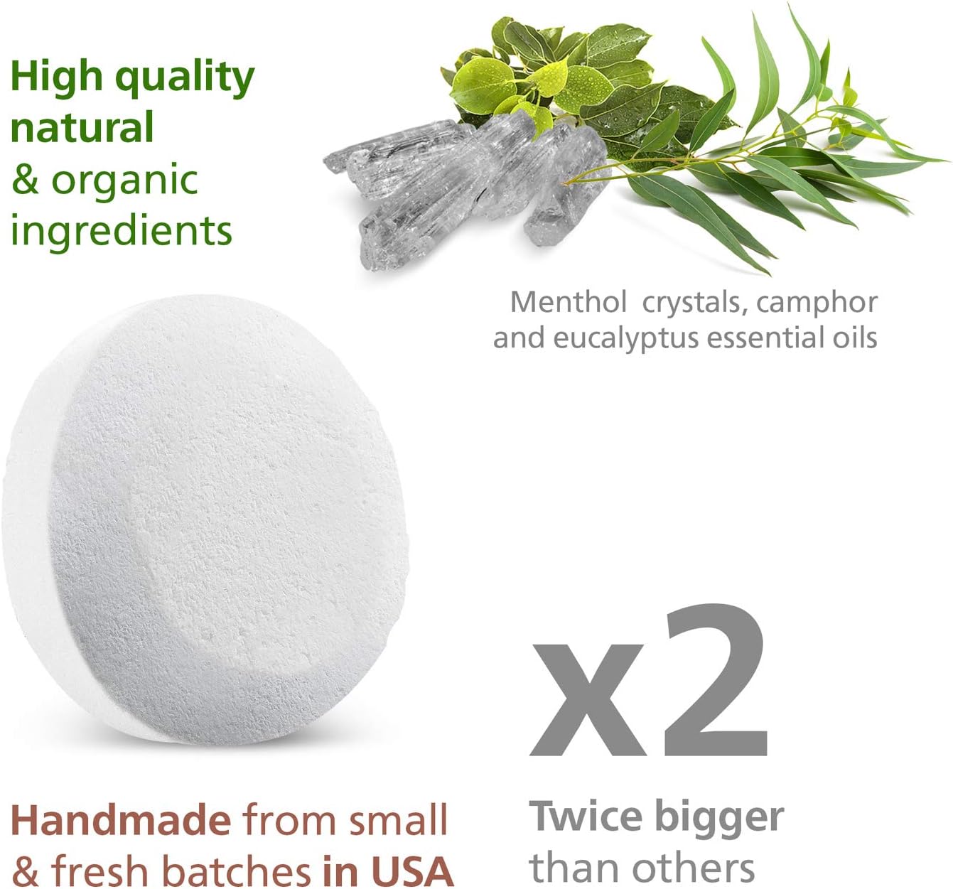 6 Organic Shower Steamers Vapor Tablets Extra Strong with Menthol Crystals, Camphor and Eucalyptus Essential Oils - Congestion and Sinus Relief for Your Own Home Spa Therapy - 2 oz/Each