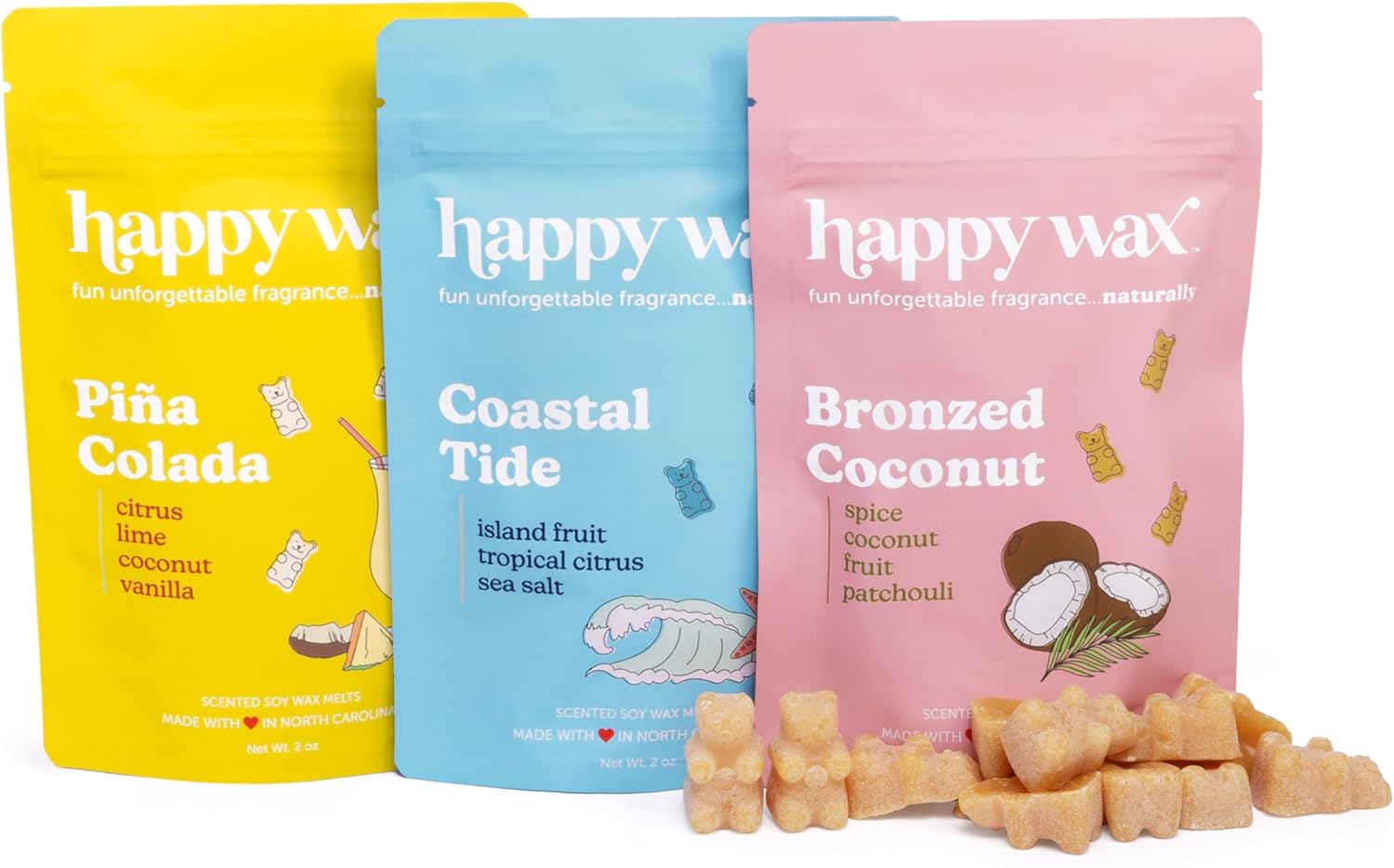 Happy Wax Endless Summer Collection: Natural, Non-Toxic Scented Soy Wax Melts – Total 6oz Variety Pack: Bronzed Coconut, Coastal Tide, Pina Colada