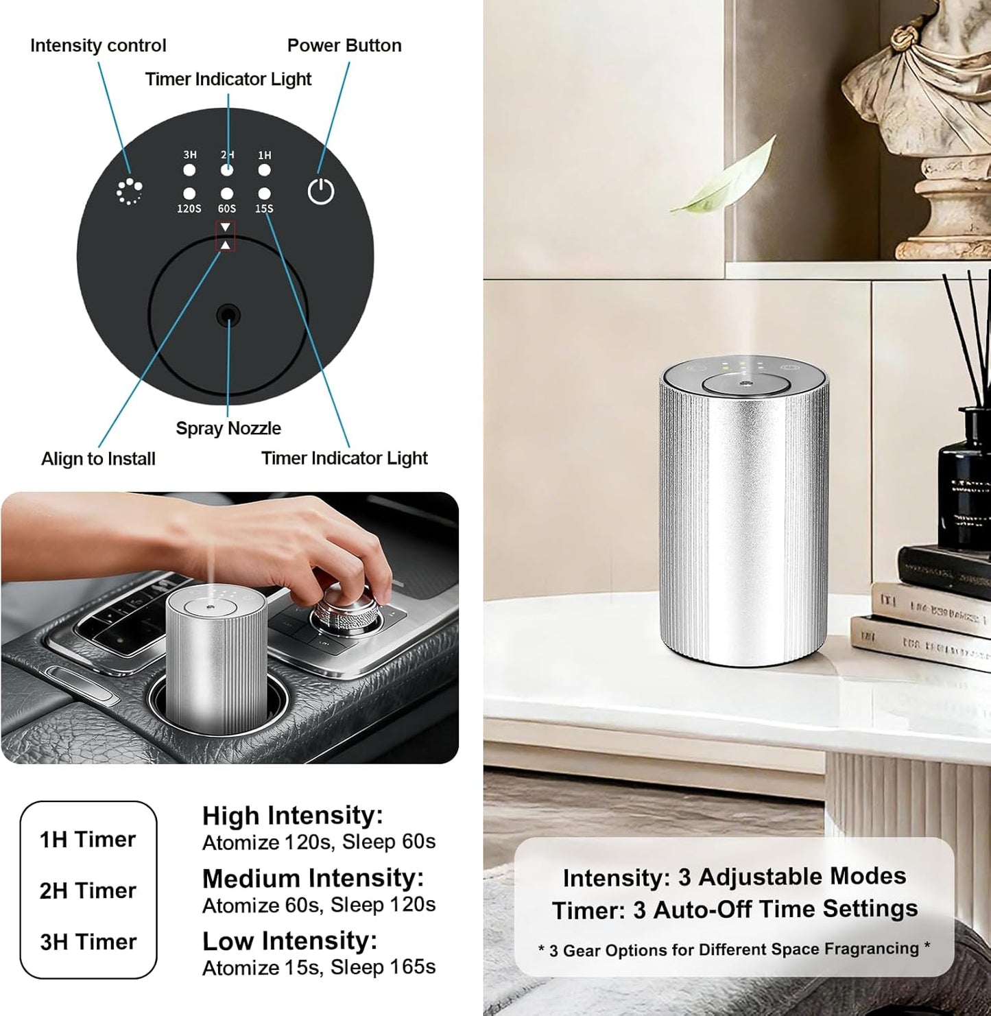 Waterless Diffuser for Essential Oil for Home and car, Sentiment Essential Oil Diffuser with Cold Air Technology, 2 Diffusion Modes, 4 Timer Settings (1/2/4/6H), (Silver)