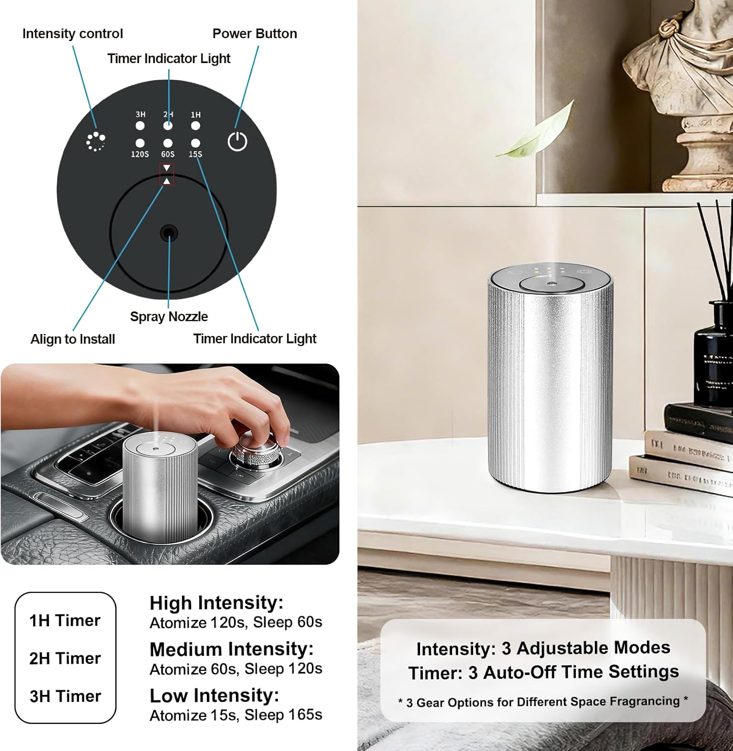Waterless Diffuser for Essential Oil for Home and car, Sentiment Essential Oil Diffuser with Cold Air Technology, 2 Diffusion Modes, 4 Timer Settings (1/2/4/6H), (Silver)
