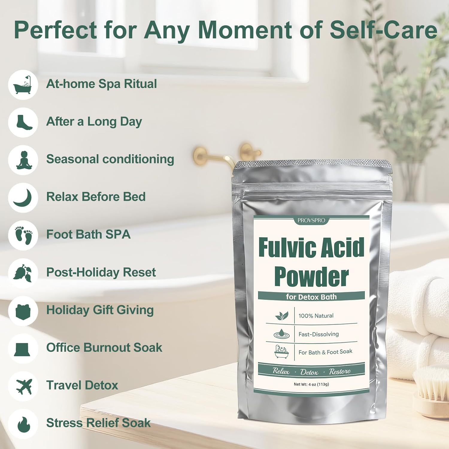 Fulvic Acid Detox Bath Powder, Natural Mineral Bath Soak for Foot & Body, Vegan Self-Care Spa Gift, No Additives, Gentle on Skin, Fast Dissolving, Includes 5g Scoop, Easy to Use, 4oz