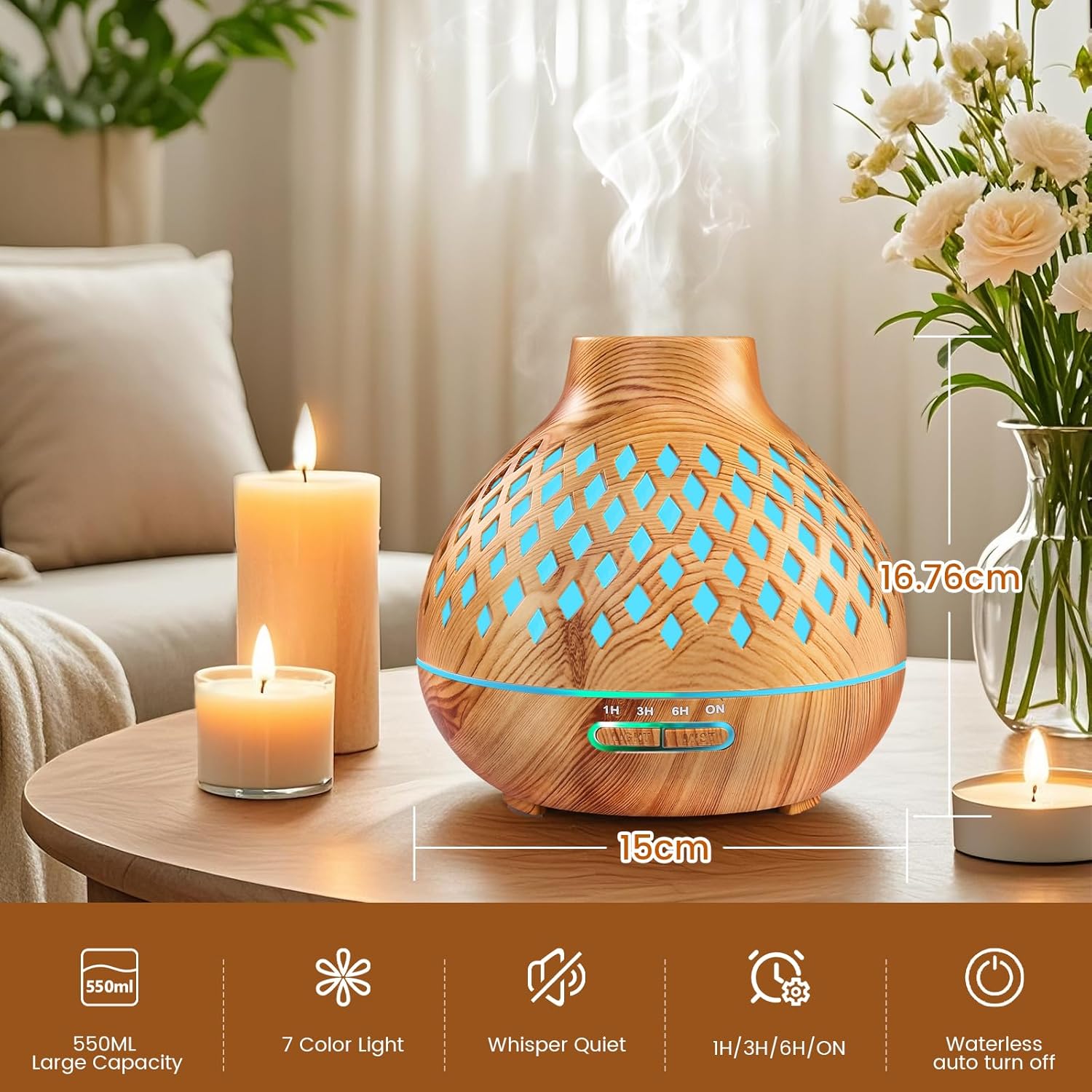 Aeshory Essential Oil Diffuser & 12 Essential Oils Set, 550ML Aromatherapy Diffuser for Home, Ultrasonic Cool Mist Humidifier with Remote Control 4 Timer 7 Color LED Light, Waterless Auto Off, Light
