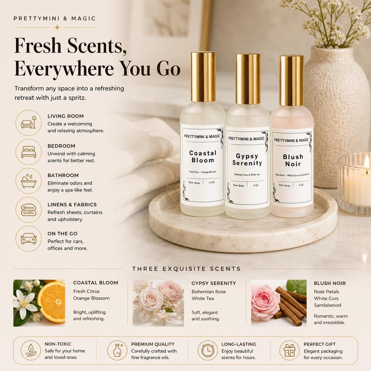 Room Spray 4oz – White Orris and Sandalwood Scent for Home, Bedding, Pillows & Sheets – Calming Air Refresher, Cozy Home Scent Spray, Mini Room Spray for Bedrooms & Living Spaces