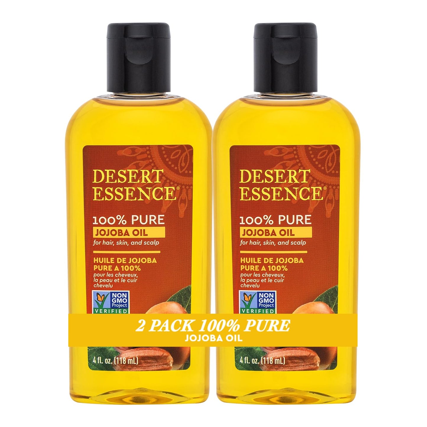 Desert Essence 100% Pure Jojoba Oil - 4 Fl Oz - Pack of 2 - Haircare & Skincare Essential Oil - All Skin Types - No Oily Residue - May Help Prevent Flakiness - Makeup Remover - Aftershave Moisturizer