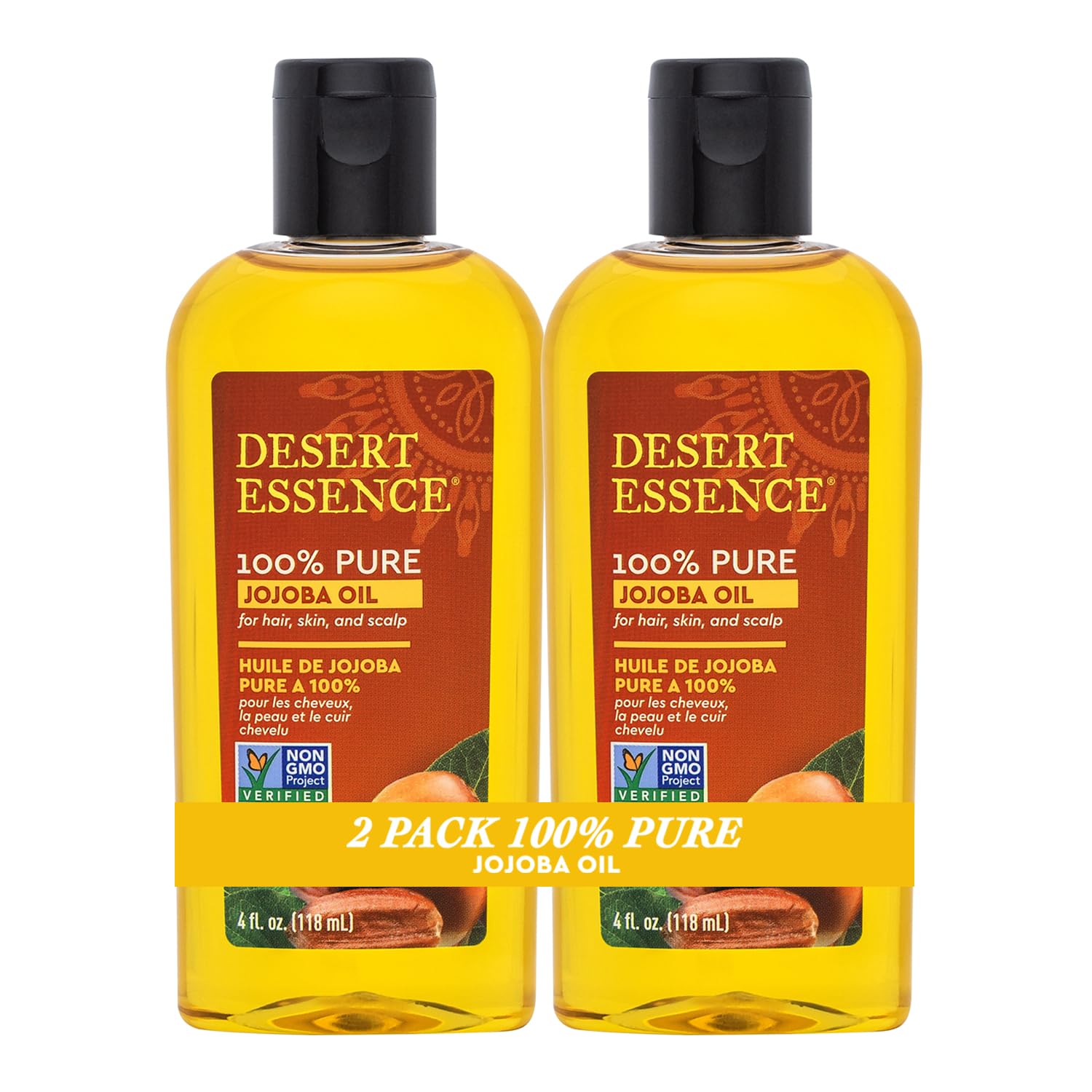 Desert Essence 100% Pure Jojoba Oil - 4 Fl Oz - Pack of 2 - Haircare & Skincare Essential Oil - All Skin Types - No Oily Residue - May Help Prevent Flakiness - Makeup Remover - Aftershave Moisturizer