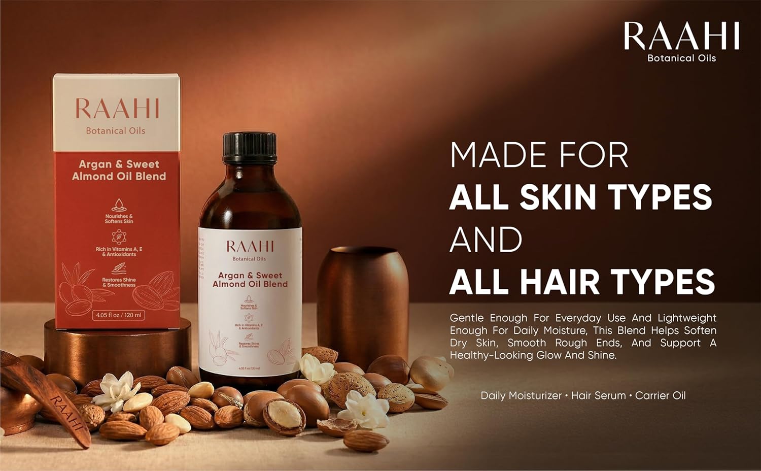 RAAHI Argan Oil and Sweet Almond Oil for Hair and Skin, 8.45 fl oz / 250 ml, Lightweight Non Greasy Moisturizer for Face, Body, Scalp and Hair