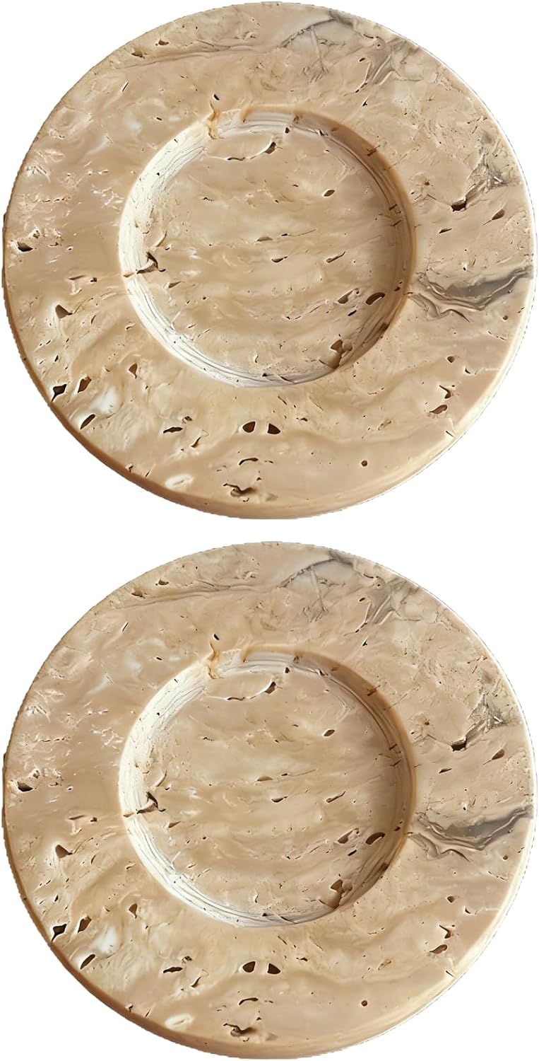 2 Pcs Travertine Marble Candle Holders, European Style, 3.93 in Round Hand-Polished Decorative Trays for Aromatic Wax, Jewelry Display, Storage, Unique Retro Decor