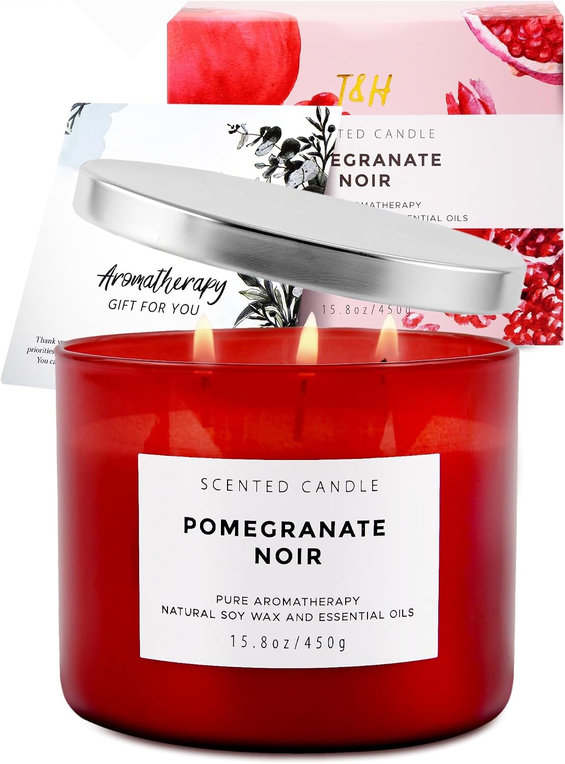 Pomegranate Noir Scented Soy Candle - Large 3-Wick Aromatherapy Candle for Home, 15.8oz - Sweet Fruity Vanilla Stress Relief Candle - Luxury Gift for Women & Men