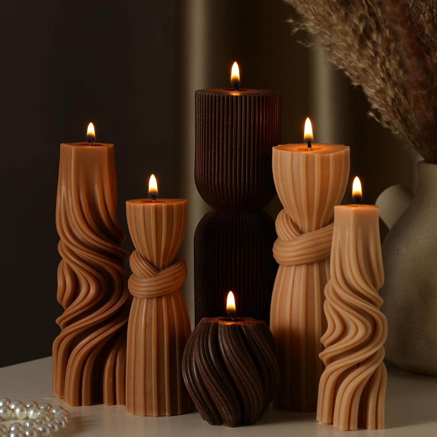 Threlaco 6 Pcs Pillar Candles Decorative Modern Aesthetic Ribbed Candle Set Cute Soy Wax Scented Ribbed Decor Valentine's Commemorative Gift for Home Decoration(Brown,2.36-6.89 Inch)