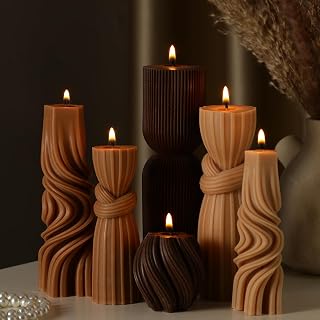 Threlaco 6 Pcs Pillar Candles Decorative Modern Aesthetic Ribbed Candle Set Cute Soy Wax Scented Ribbed Decor Valentine's Commemorative Gift for Home Decoration(Brown,2.36-6.89 Inch)