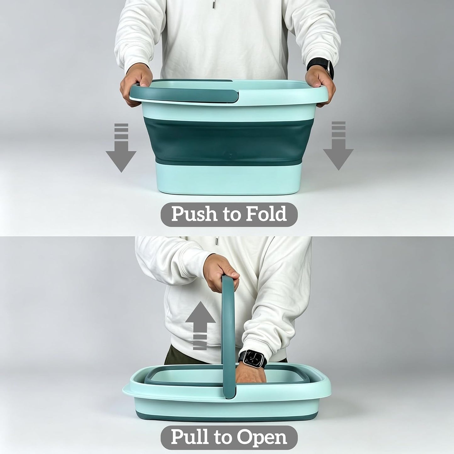 GIMWA Collapsible Foot Bath Basin for Soaking Feet, Foldable Foot Soak Tub with Handles and Massage Acupoint, Plastic Laundry Basket, Grey (Green)