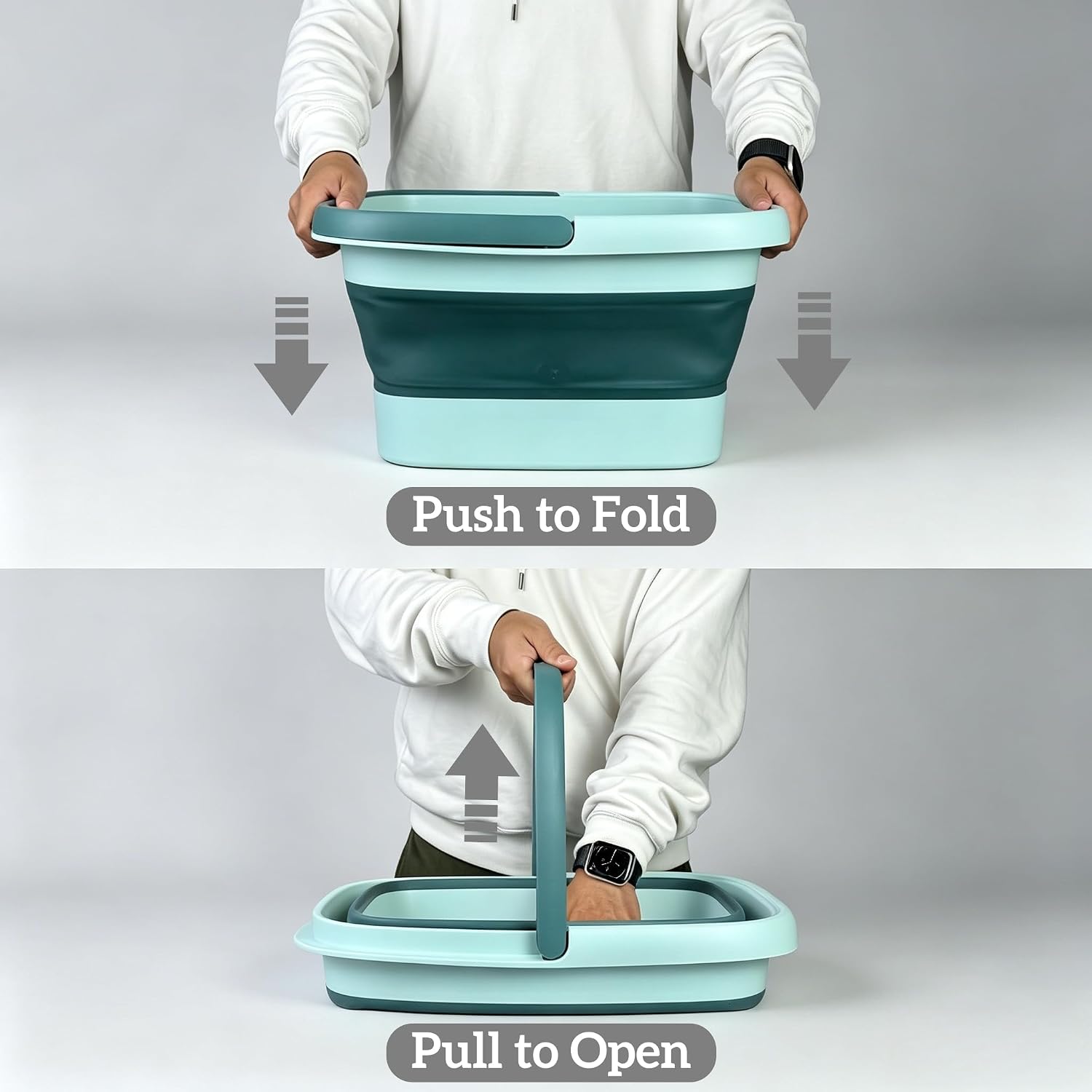 GIMWA Collapsible Foot Bath Basin for Soaking Feet, Foldable Foot Soak Tub with Handles and Massage Acupoint, Plastic Laundry Basket, Grey (Green)