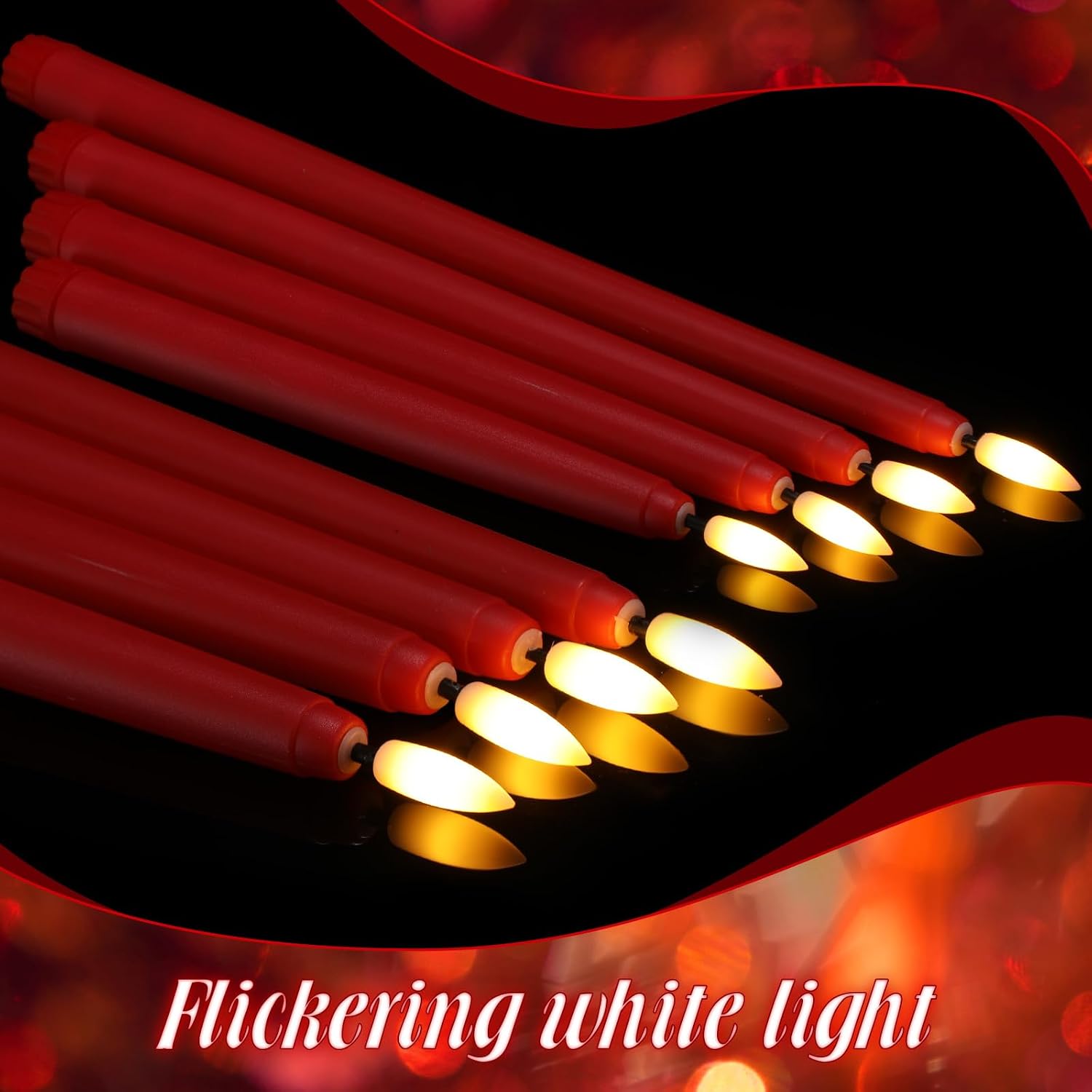 Rossesay 24 Pcs Flameless LED Taper Candles Battery Operated Candle 8.5", 9.65", 10.8", 12.8" Flameless Candlesticks Flickering for Christmas Church Wedding Indoor Decoration(Classic, Red)