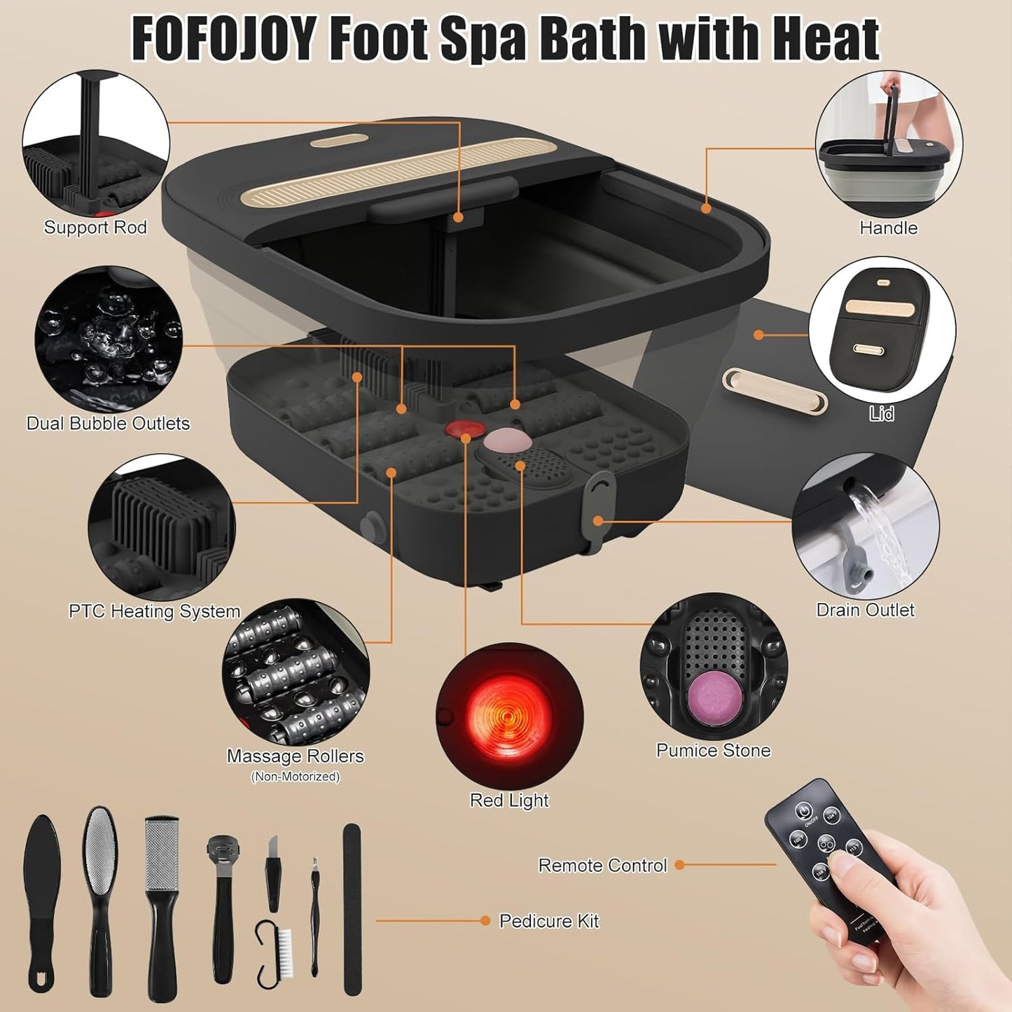 Collapsible Foot Spa Bath with Massager and Heat and Bubble Jets, Temperature Control, Remote Control, Pumice Stone, Pedicure Foot Spa for Relaxation Gift for Women Man