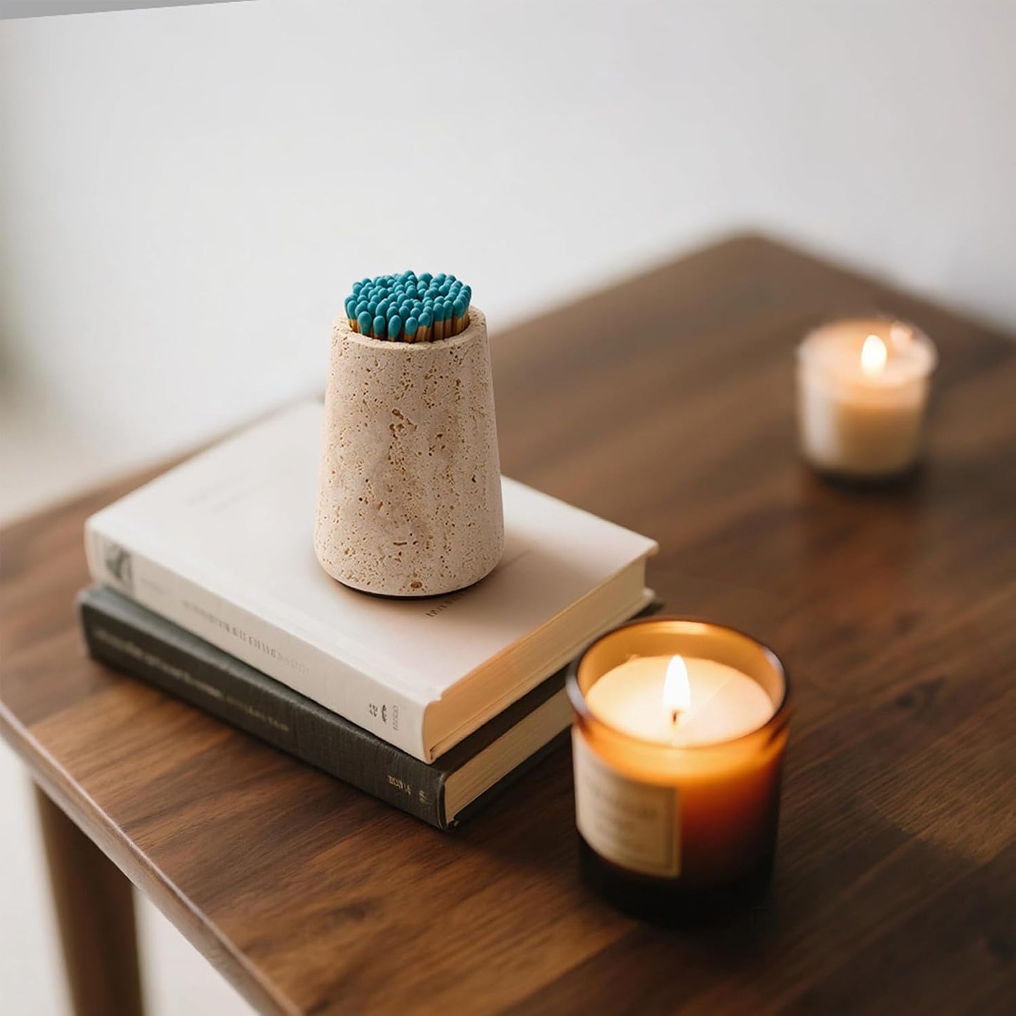 Travertine Match Holder with Striker & Extra Striker Pad - 2.9" x 3.9" Large Decorative Matchstick Organizer for Fireplace, Candles, Parlor Match Jar for Home Decor Gift, Matches Not Included