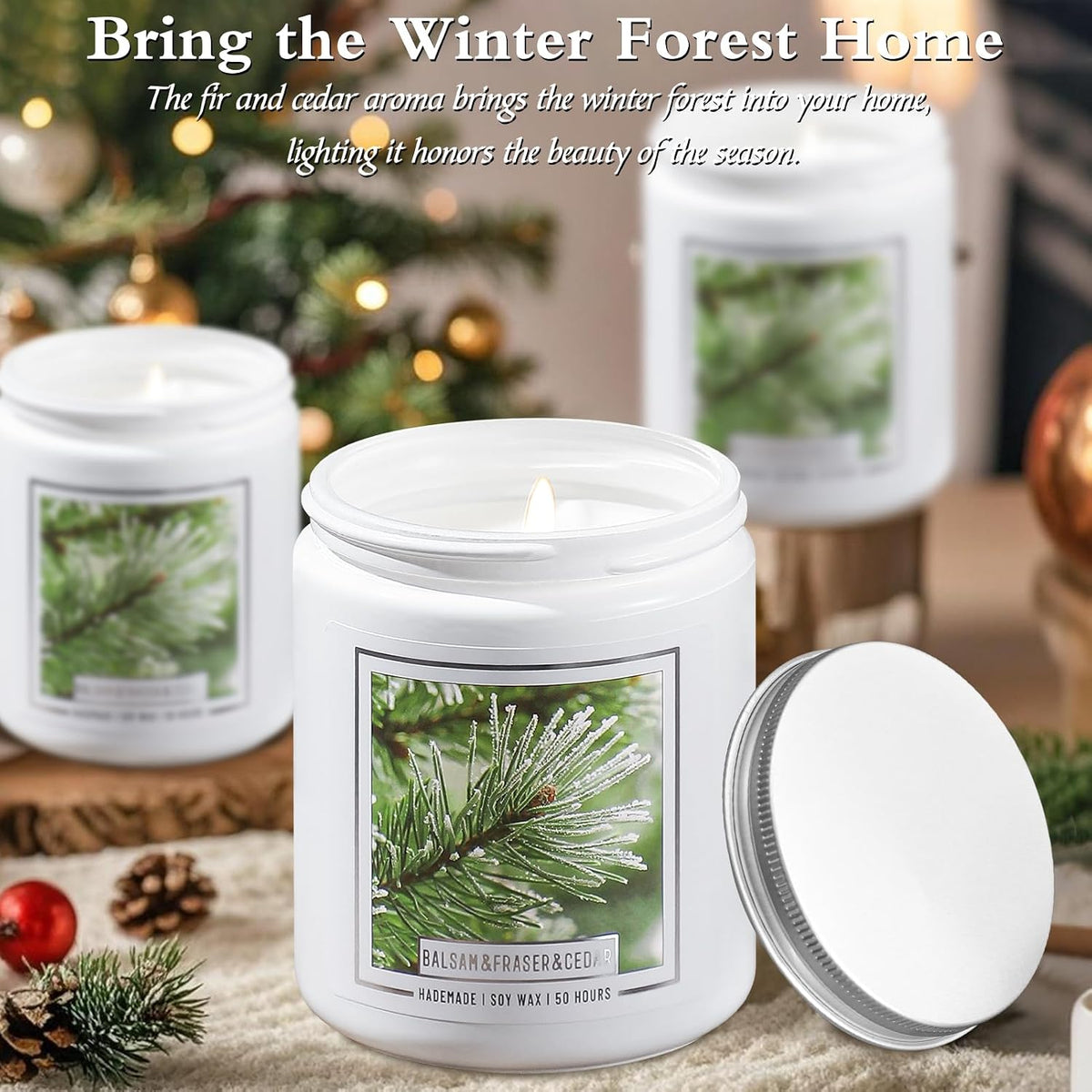 Homsolver 7OZ Balsam Fir Pine Candle, Christmas Scented Candles, Holiday Natural Soy Candles with 50 Hour Burn Time, Fir Cedar Tree Scent Gifts for Women Men, Wedding Favors for Guests, Souvenir Gifts