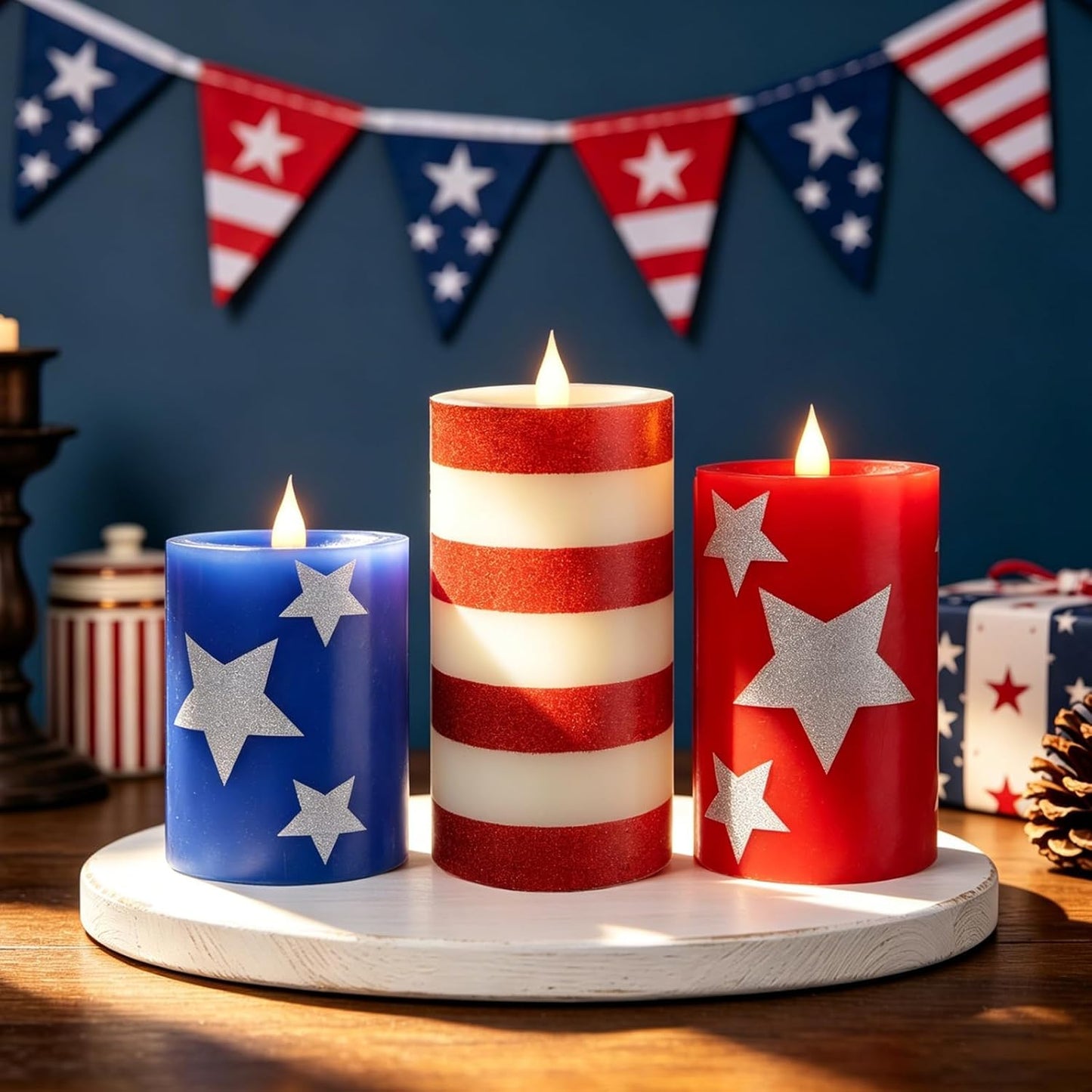 Set of 3 Patriotic Flameless Candles, Red White and Blue Battery Operated Pillar Candles, Patriotic Candles for 4th of July Independence Day Home Decor