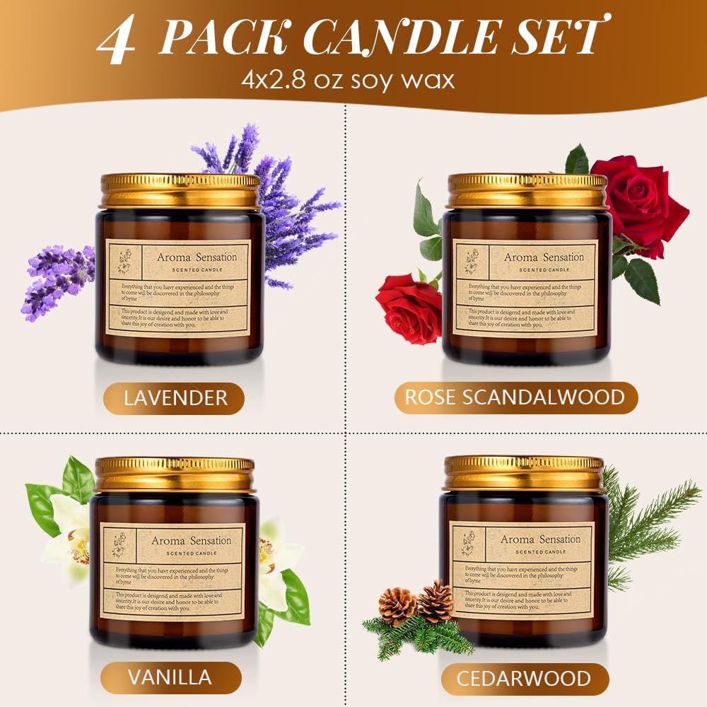 4 Pack Candles for Home Scented,Amber Jar Aromatherapy Candle Gifts for Women,Scented Candles Set for Mother's Day Christmas Valentine Thanksgiving Brithday Gifts,Soy Wax Candle Set for Stress Relief
