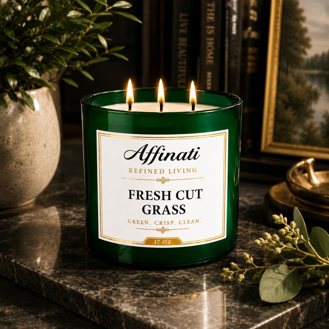 Affinati Fresh Cut Grass 3 Wick Scented Candle – Large Soy Blend Candle, Strong Scent Throw Crisp Green Botanical Aromatherapy Candles, Premium Luxury Home Fragrance